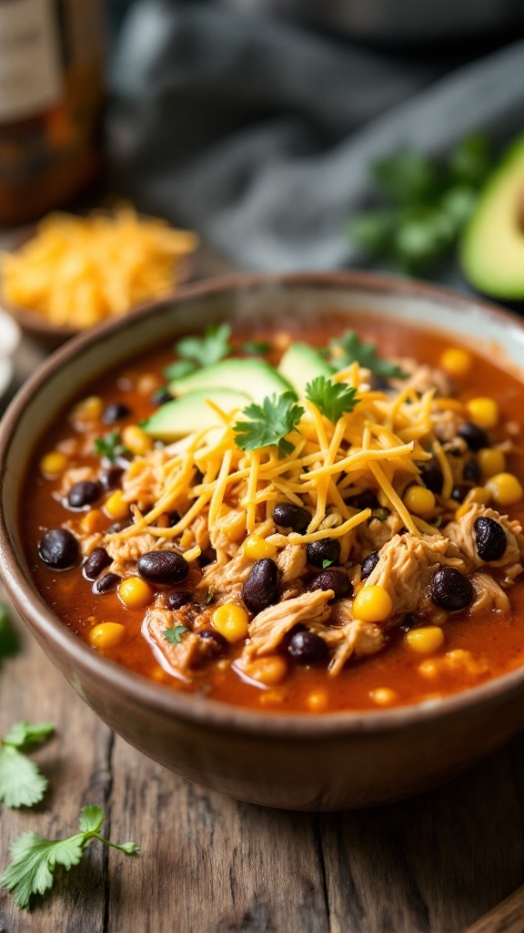 Hearty bowl of chicken enchilada soup with black beans and corn, topped with cheese and avocado, on a rustic wooden table.